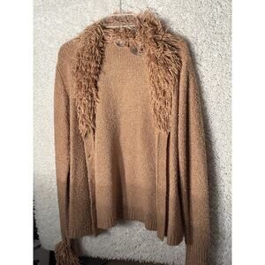 WOMEN.S TAN CARDIGAN SWEATER WITH FUZZY COLLAR AND WRISTS.